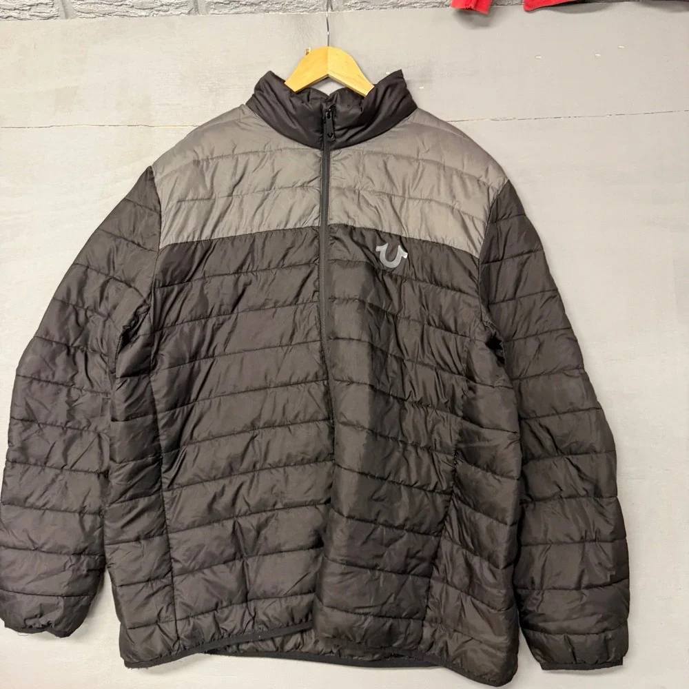 True‎ Religion Mens Puffer Jacket Black Grey Colorblock Full Zip Logo Coat